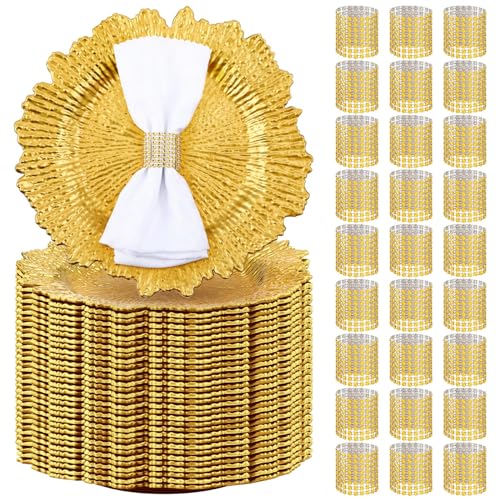 Widecook 100 Sets Reef Gold Charger Plates Bulk with Napkin Rings Include 13" Round Chargers for Dinner Plates and Mesh Diamonds Napkin Rings for Table Setting, Wedding Party - Image 1