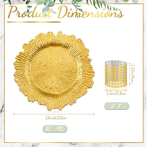 Widecook 100 Sets Reef Gold Charger Plates Bulk with Napkin Rings Include 13" Round Chargers for Dinner Plates and Mesh Diamonds Napkin Rings for Table Setting, Wedding Party - Image 2