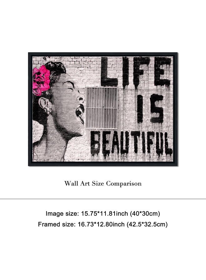 Pyradecor Black Framed Banksy Life is Beautiful Artwork Modern Grey Love Pictures Paintings Canvas Prints Wall Art for Bedroom Living Room Home Office Decorations - Image 5