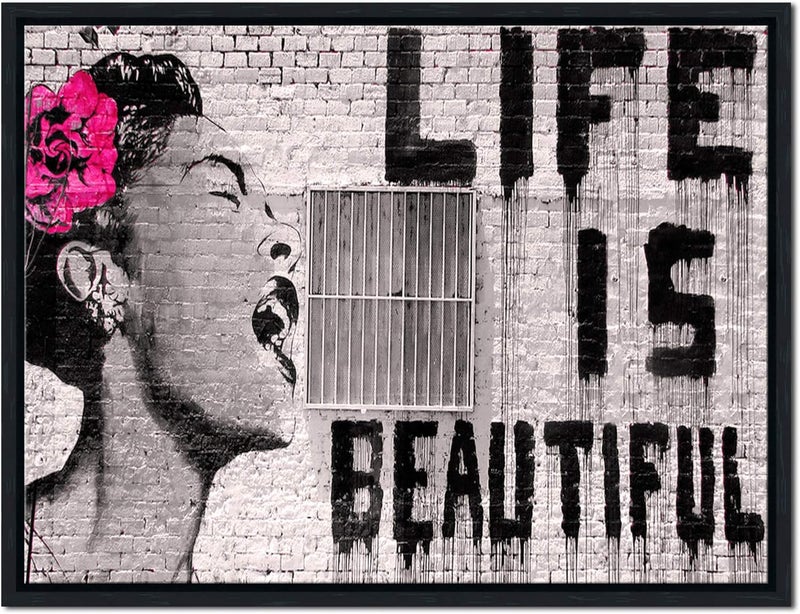 Pyradecor Black Framed Banksy Life is Beautiful Artwork Modern Grey Love Pictures Paintings Canvas Prints Wall Art for Bedroom Living Room Home Office Decorations - Image 1