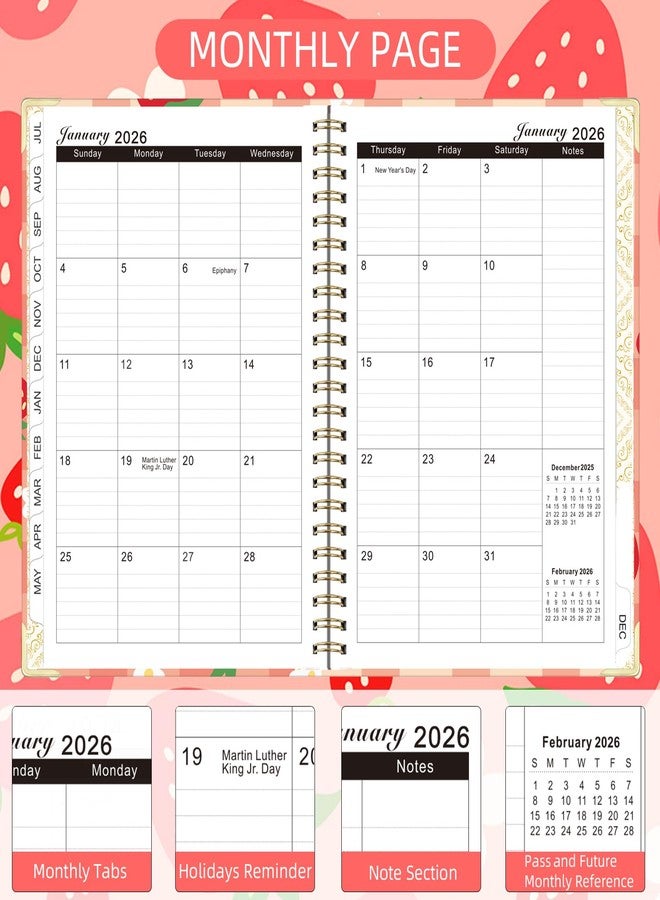 Knagsfa 2026 Monthly Planner, Jan.2026 - Dec.2026 Weekly Monthly Planner 6.25"x8.5" with Page Tabs, Calendar Hardcover with Inner Pocket, Elastic Band, Twin-Wire Binding, Bookmark,Strawberry Flower - Image 3