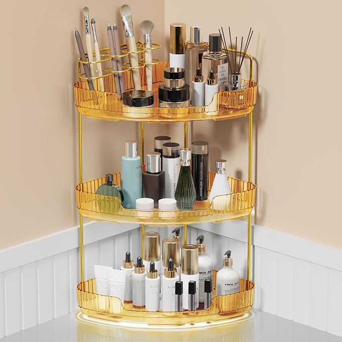 Umtiti 3Tier Corner Bathroom Counter Storage Organizer ToolFree Installation Acrylic Vanity Shelf Ideal for Bathroom Dresser Kitchen Clear