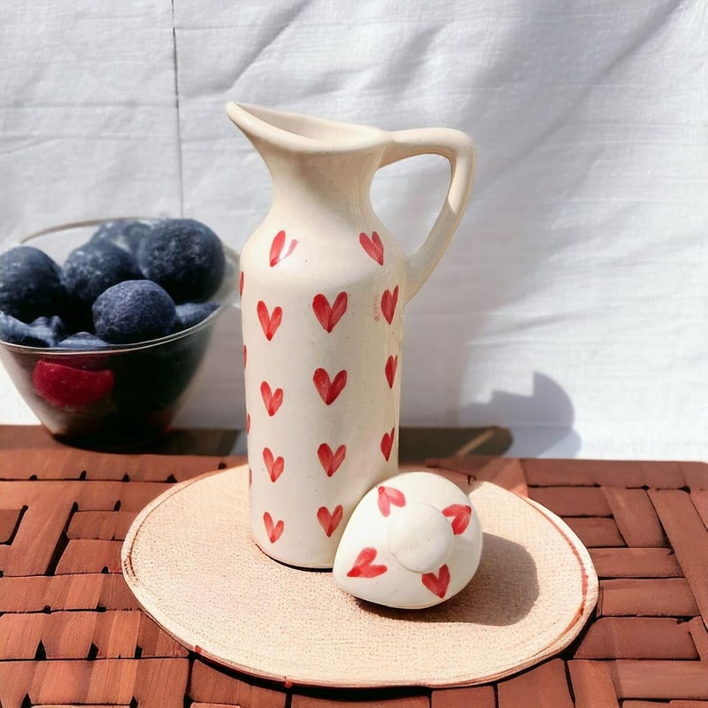 MALAIKAH Off White Red Heart Printed Ceramic Oil DispenserExquisitely HandmadePainted Ceramic Oil DispenserPerfect For Kitchen UseIdeal For StoringPouring Cooking OilsPack Of 1 300ml - Image 1