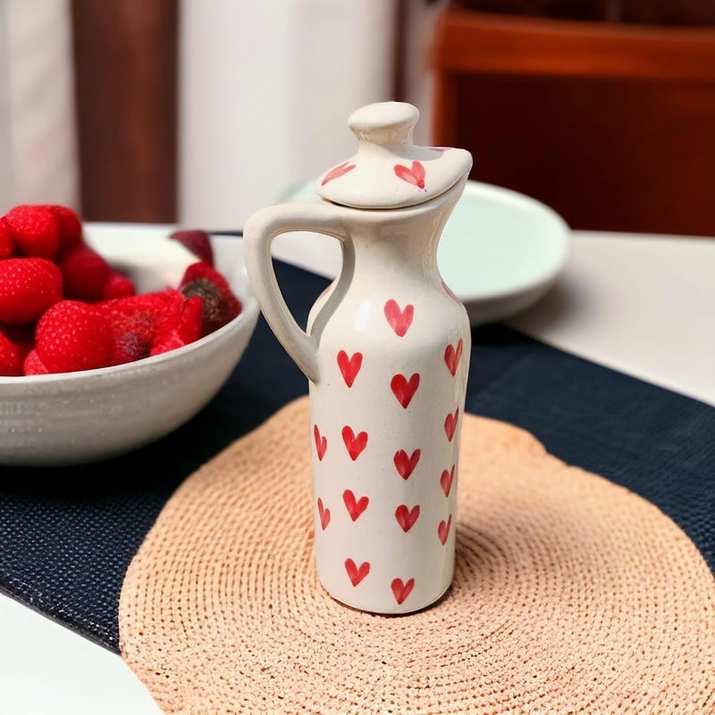 MALAIKAH Off White Red Heart Printed Ceramic Oil DispenserExquisitely HandmadePainted Ceramic Oil DispenserPerfect For Kitchen UseIdeal For StoringPouring Cooking OilsPack Of 1 300ml - Image 2