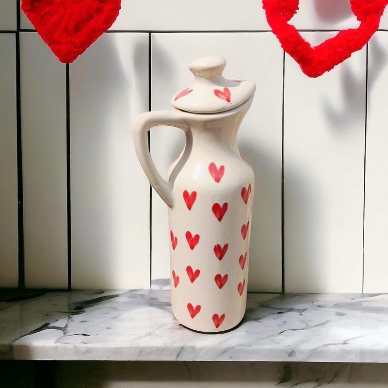 MALAIKAH Off White Red Heart Printed Ceramic Oil DispenserExquisitely HandmadePainted Ceramic Oil DispenserPerfect For Kitchen UseIdeal For StoringPouring Cooking OilsPack Of 1 300ml - Image 3
