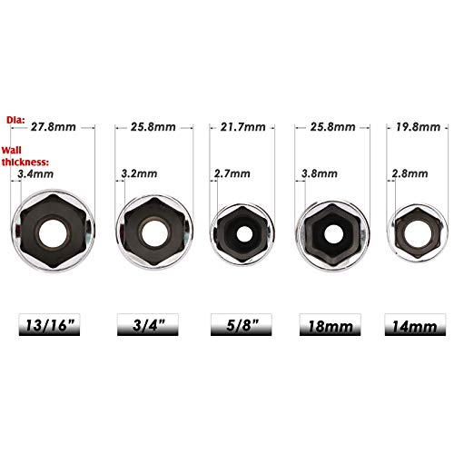 MIXPOWER 3/8-Inch Drive Spark Plug Socket Set, SAE & Metric, CR-V Steel Mirror finish, 6-Point, 5/8-Inch, 3/4-Inch, 13/16-Inch, 14mm, 18mm, 5-Piece Set - Image 3