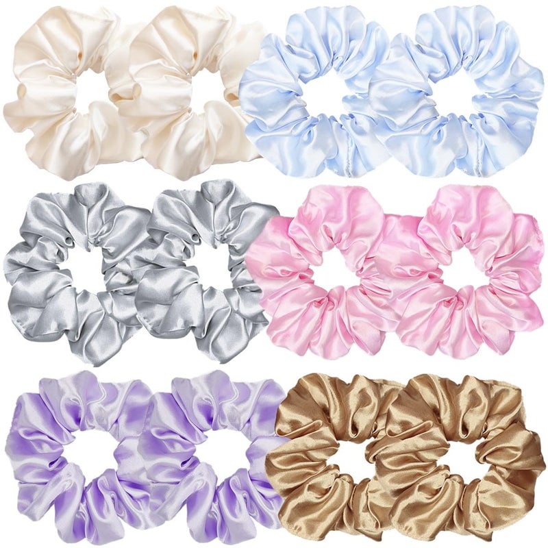 12 Pcs Satin Silk Hair Scrunchies Soft Hair Ties Fashion Hair Bands Hair Bow Ropes Hair Elastic Bracelet Ponytail Holders Hair Accessories for Women Girls Assorted Light color Pair