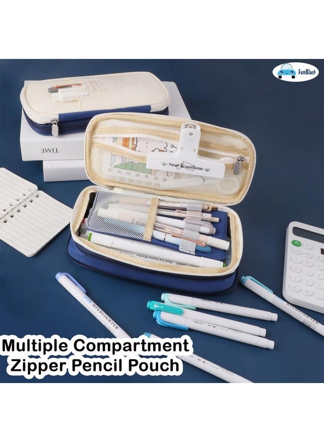 FunBlast Large Capacity Pencil Case, Multiple Compartment Double Zipper Portable Pencil Pouch, Aesthetic Pouch, Kawaii Pencil Case, Cute Pouches for Girls, Stationary Organizer Bag (DarkBlue) - Image 2