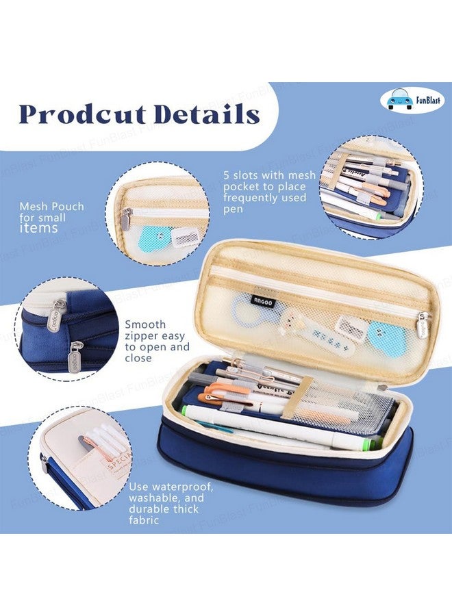 FunBlast Large Capacity Pencil Case, Multiple Compartment Double Zipper Portable Pencil Pouch, Aesthetic Pouch, Kawaii Pencil Case, Cute Pouches for Girls, Stationary Organizer Bag (DarkBlue) - Image 4