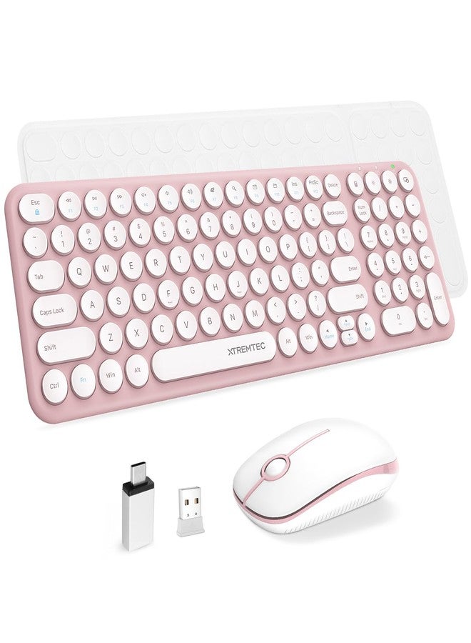 XTREMTEC Wireless Keyboard and Mouse Combo, XTREMTEC Cute Compact -Size Pink Retro Round Keycap, Ultra Thin Quiet 2.4GHz Retro Kawaii Keyboard for Mac/PC/Laptop (Sakura Pink) - Image 1