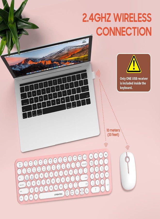 XTREMTEC Wireless Keyboard and Mouse Combo, XTREMTEC Cute Compact -Size Pink Retro Round Keycap, Ultra Thin Quiet 2.4GHz Retro Kawaii Keyboard for Mac/PC/Laptop (Sakura Pink) - Image 2