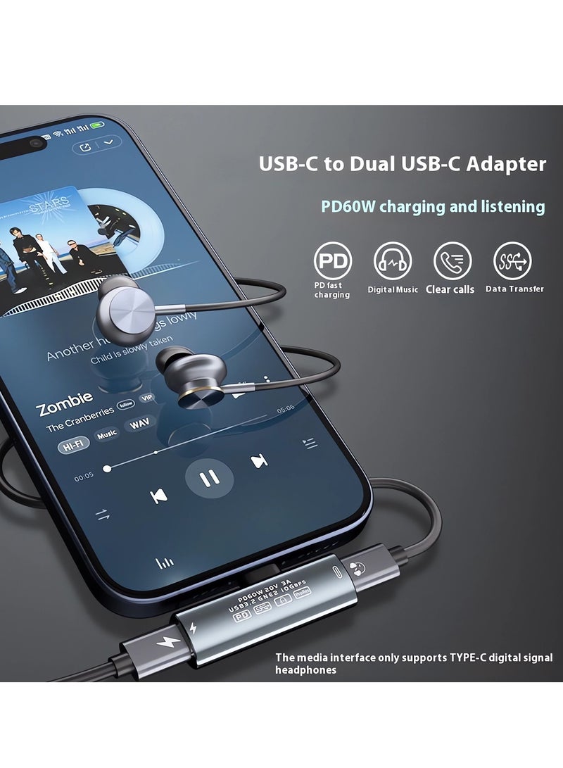 USB C Splitter, Dual USB C Headphone/USB C Data and Charger Adapter, 3-in-1 Type C Audio Dongle USB C Data Adapter with PD 60W Charging, Compatible with iPhone 15/15 Pro Max, Galaxy S24/S23, Pixel 8/7