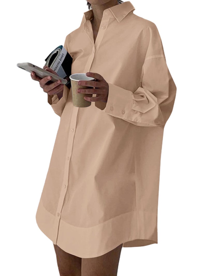 LYANER Women's Casual Shirt Dress Collar V Neck Button Down Loose Long Sleeve Mini Dresses Khaki Large - Image 1