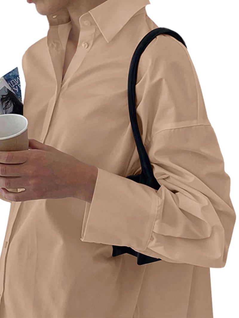 LYANER Women's Casual Shirt Dress Collar V Neck Button Down Loose Long Sleeve Mini Dresses Khaki Large - Image 3