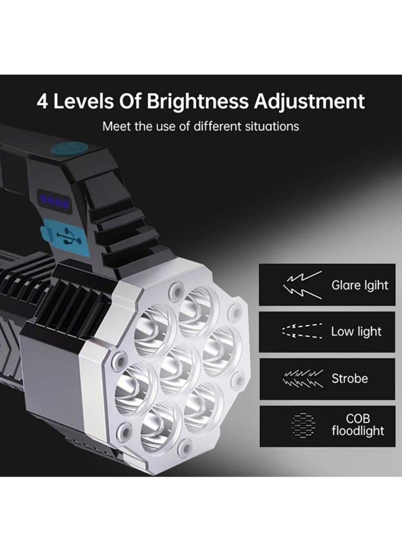 Generic - مصباح يدوي LED قابل لإعادة الشحن - طاقة عالية، مصباح يدوي فائق السطوع مع ضوء جانبي COB، مقاوم للماء، شحن USB، بطارية مدمجة، للاستخدام في الهواء الطلق، أسود/فضي - Image 1
