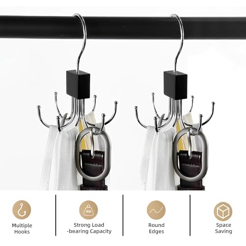ANZAILALA 2pcs Belt Organiser for Wardrobe, 360 Degree Rotatable Multipurpose Hanger Organizer with 6 Hooks, Stainless Steel Wardrobe Organiser for Belt, Tank Top, Tie, Scarf, Hat and Purse - Image 4