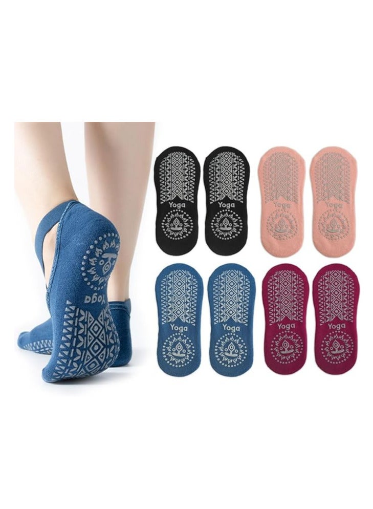 ECVV 4 Pairs Yoga Socks For Women, Pilates Grips Socks Non-Slip Grips & Straps Ideal for Pilates, Pure Barre, Ballet, Dance, Barefoot Workout (Size: 35-39)  - Image 1