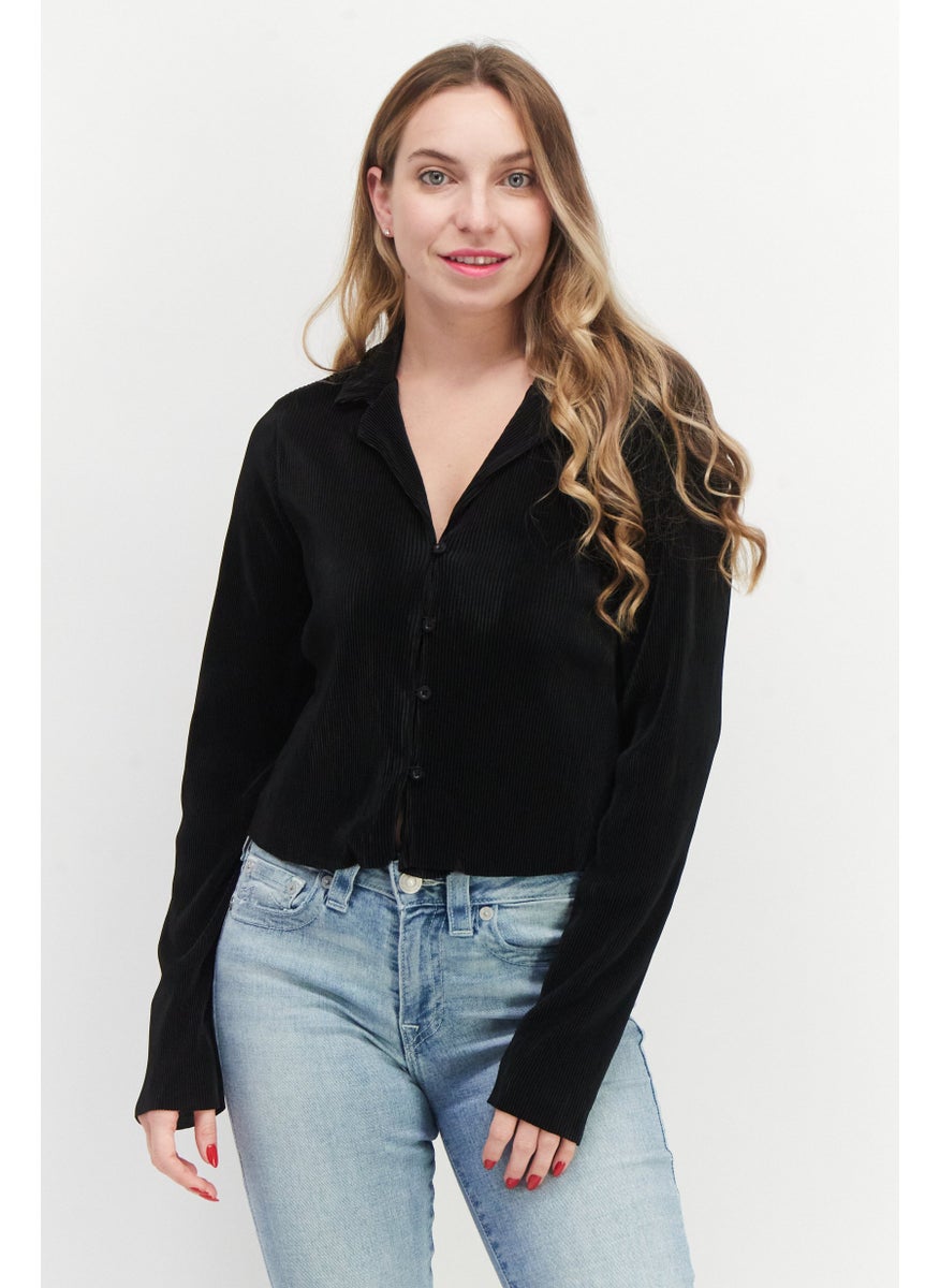 Women Notched Collar Long Sleeve Ribbed Top, Black - pzsku/Z6D3CE0DBB1D41D36B59EZ/45/_/1737727533/e599a1a8-cf57-470c-b93c-5b7b986e2303