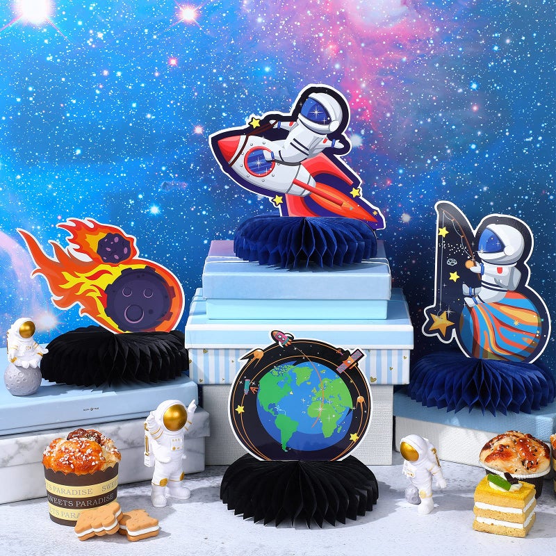 Marspark 9 Pieces Outer Space Themed Honeycomb Centerpiece Outer Space Party Decorations Birthday Party Table Toppers Double Sided Table Decorations Planet Rocket Astronaut UFO Solar System Party Supplies - Image 4