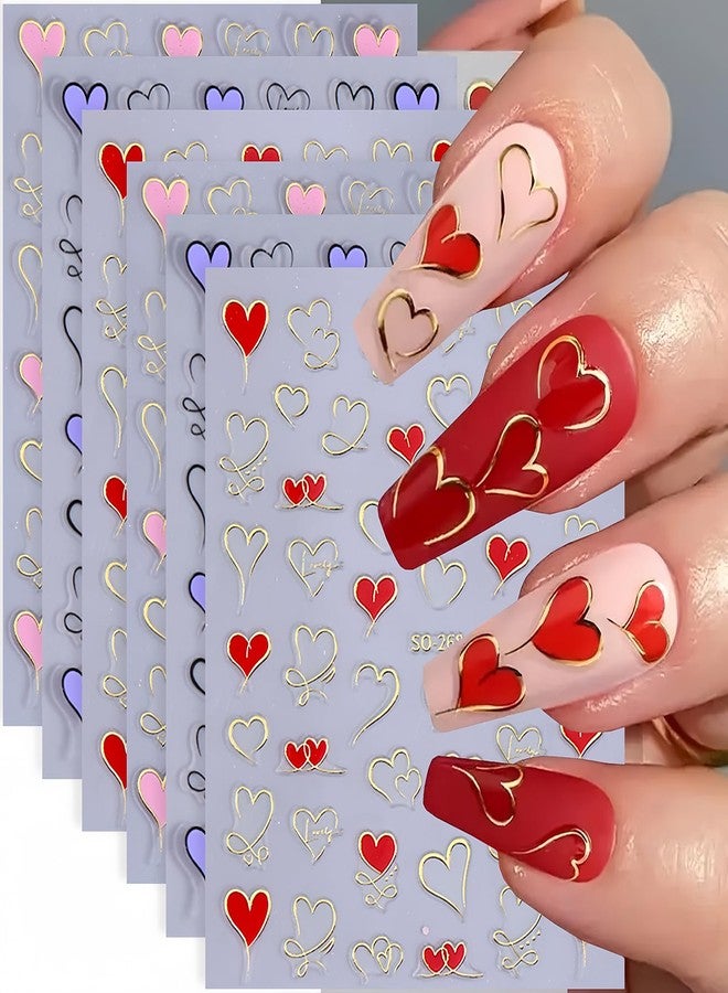 BYJKYEN Heart Nail Art Stickers 6 Sheets Valentine's Day Nail Decals 3D Self Adhesive Hearts Nail Sticker Pink Purple Red Gold Heart Love Nail Art Design Holiday Manicure Nail Accessories for Women Girls - Image 1