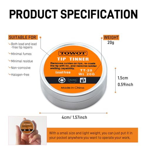 TOWOT Tip Tinner For Electronics Soldering, Iron Tip and Re-Tinning Solution, Removes Oxidation, 20g - Image 2