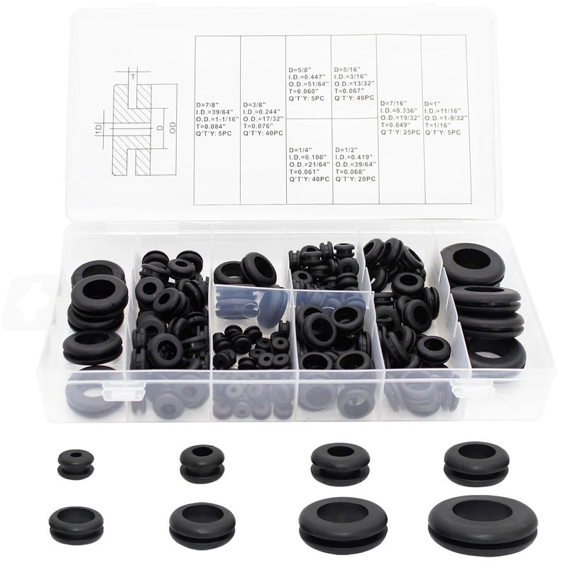 EASYEAH Store 180 Pcs Rubber Grommet Assortment Kit for Wiring Assorted 8 Sizes 7/8 5/8 1/4 7/16 3/8 5/16 1/2 1 Inch Round Hole, O Ring Eyelet Cable Hole Plug Set, Firewall Automotive Electrical Wire Gasket - Image 1