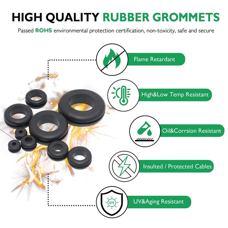 EASYEAH Store 180 Pcs Rubber Grommet Assortment Kit for Wiring Assorted 8 Sizes 7/8 5/8 1/4 7/16 3/8 5/16 1/2 1 Inch Round Hole, O Ring Eyelet Cable Hole Plug Set, Firewall Automotive Electrical Wire Gasket - Image 2