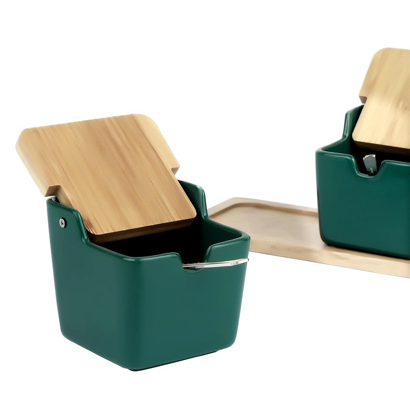 Hedrix Hedrix Sugar Bowl Condiment JarCeramic Flip Top Spice Container with Bamboo Lids and Spoons for Kitchen Home Green  - Image 4