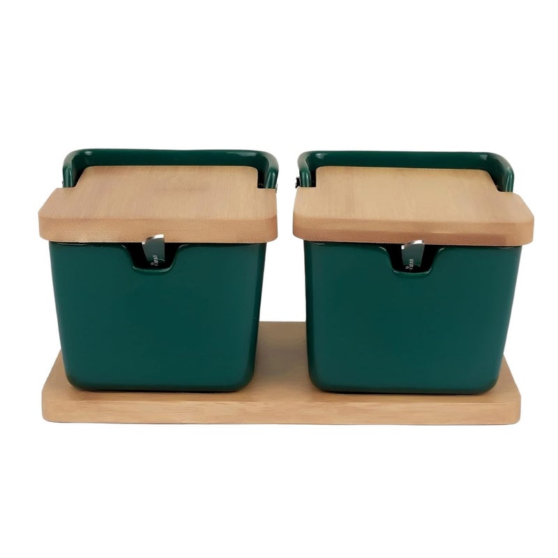 Hedrix Hedrix Sugar Bowl Condiment JarCeramic Flip Top Spice Container with Bamboo Lids and Spoons for Kitchen Home Green  - Image 1