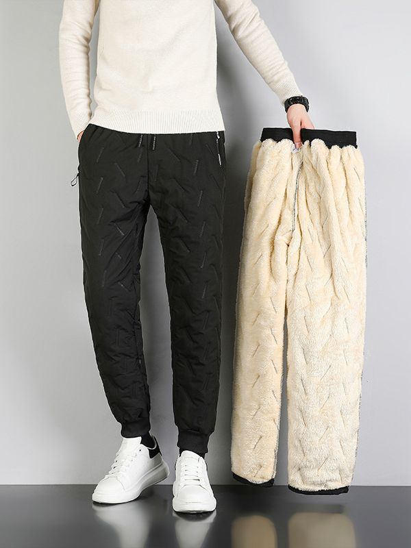 Winter lambswool cotton pants men's extra large winter outer wear warm loose straight casual ankle-tied pants  - Image 2