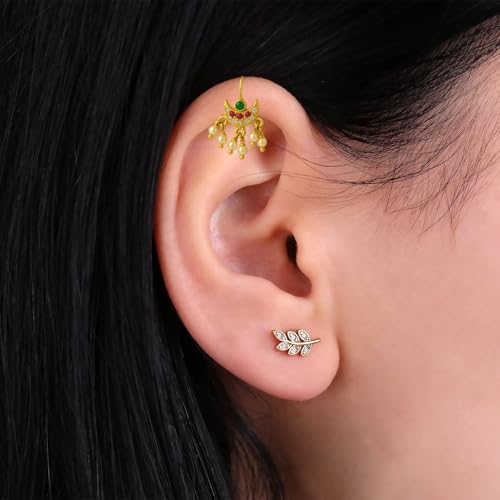 VAMA FASHIONS 18K Gold Plated Anti Tarnish White Pearl Ruby Emerald Stone Half Moon Peacock Shape Maharashtrian Traditional bugadi Upper Ear Clip on Pressing Earrings For Women & Girls - Image 2