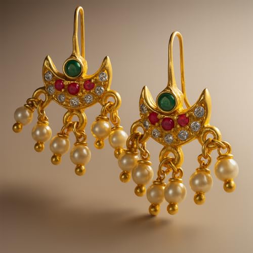 VAMA FASHIONS 18K Gold Plated Anti Tarnish White Pearl Ruby Emerald Stone Half Moon Peacock Shape Maharashtrian Traditional bugadi Upper Ear Clip on Pressing Earrings For Women & Girls - Image 4