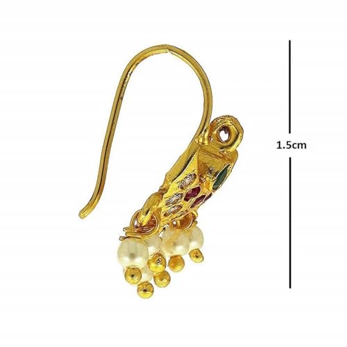 VAMA FASHIONS 18K Gold Plated Anti Tarnish White Pearl Ruby Emerald Stone Half Moon Peacock Shape Maharashtrian Traditional bugadi Upper Ear Clip on Pressing Earrings For Women & Girls - Image 5