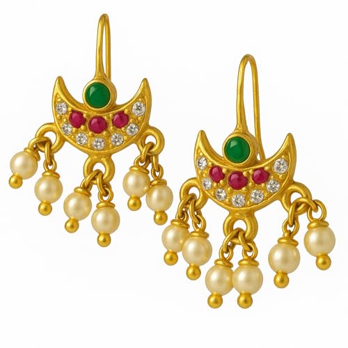 VAMA FASHIONS 18K Gold Plated Anti Tarnish White Pearl Ruby Emerald Stone Half Moon Peacock Shape Maharashtrian Traditional bugadi Upper Ear Clip on Pressing Earrings For Women & Girls - Image 1