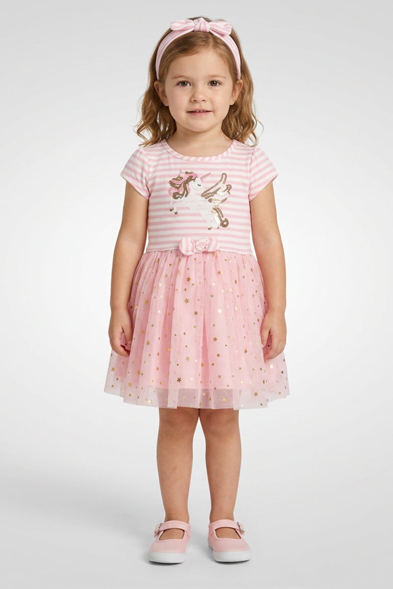 Young Hearts Toddlers Girl 3Pcs Sequin Dress And Panty with Headband, Multicolor - Image 1