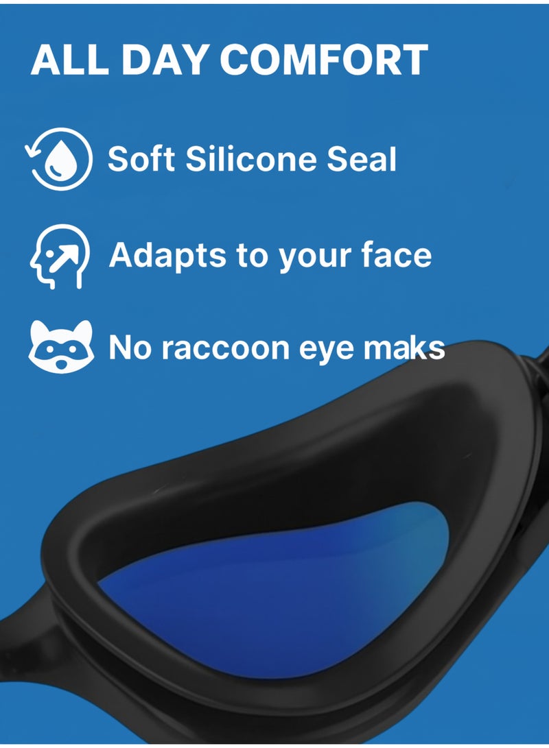 HASTE Swimming Goggles Jet Black Frame Red Mirrored Lens Anti-fog UV Protection Leak-proof Silicone Adjustable Strap for Unisex Adults and Teens - Image 2