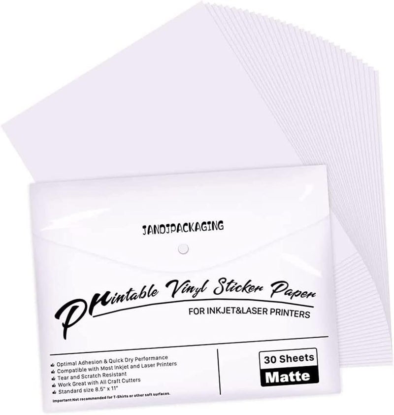 JANDJPACKAGING Printable Vinyl Sticker Paper - 30 Sheets - Image 1