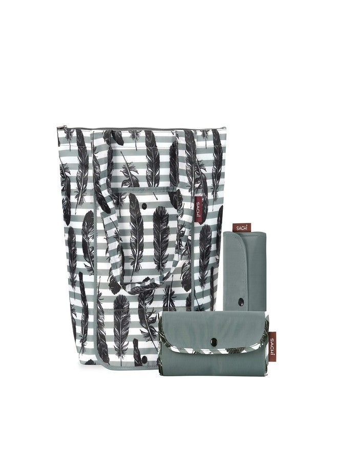 SACHI 3 Piece Market Tote Set - Insulated Thermal Reusable Grocery Bags for Cold and Hot Foods - Lightweight, Portable and Fold-able (Grey Feather Stripe) - Image 1