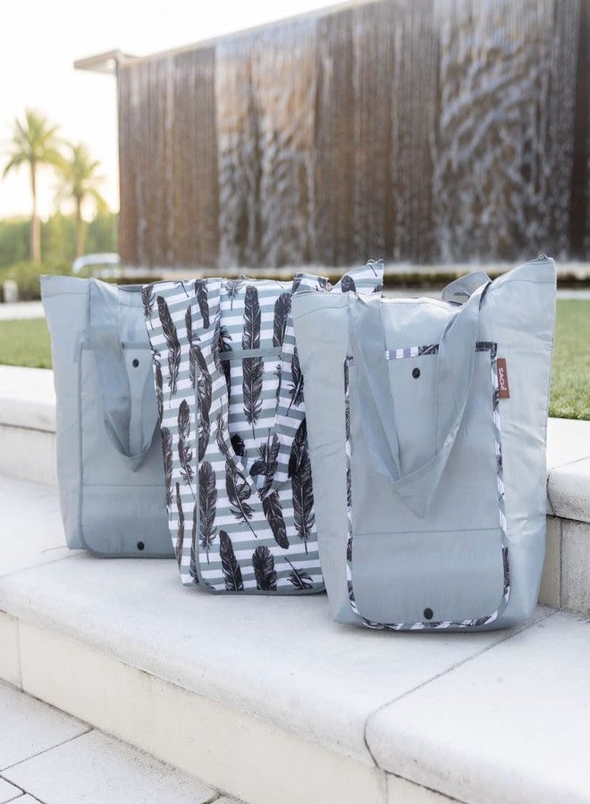 SACHI 3 Piece Market Tote Set - Insulated Thermal Reusable Grocery Bags for Cold and Hot Foods - Lightweight, Portable and Fold-able (Grey Feather Stripe) - Image 5