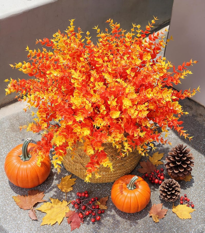 florisso Artificial Fake Fall Autumn Eucalyptus Plants Flowers for Outdoor Outside Decoration, Faux Silk Orange Boxwood Look Real UV Resistant for Home Porch Patio Planter Decor，12 Bundles - Image 2