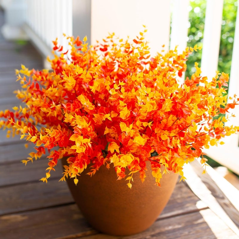 florisso Artificial Fake Fall Autumn Eucalyptus Plants Flowers for Outdoor Outside Decoration, Faux Silk Orange Boxwood Look Real UV Resistant for Home Porch Patio Planter Decor，12 Bundles - Image 1