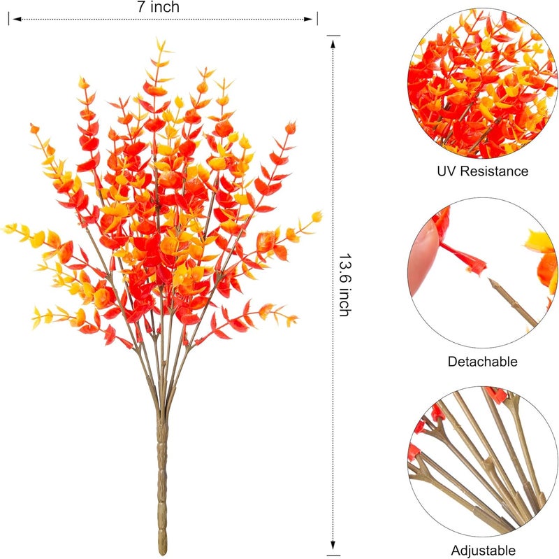 florisso Artificial Fake Fall Autumn Eucalyptus Plants Flowers for Outdoor Outside Decoration, Faux Silk Orange Boxwood Look Real UV Resistant for Home Porch Patio Planter Decor，12 Bundles - Image 5