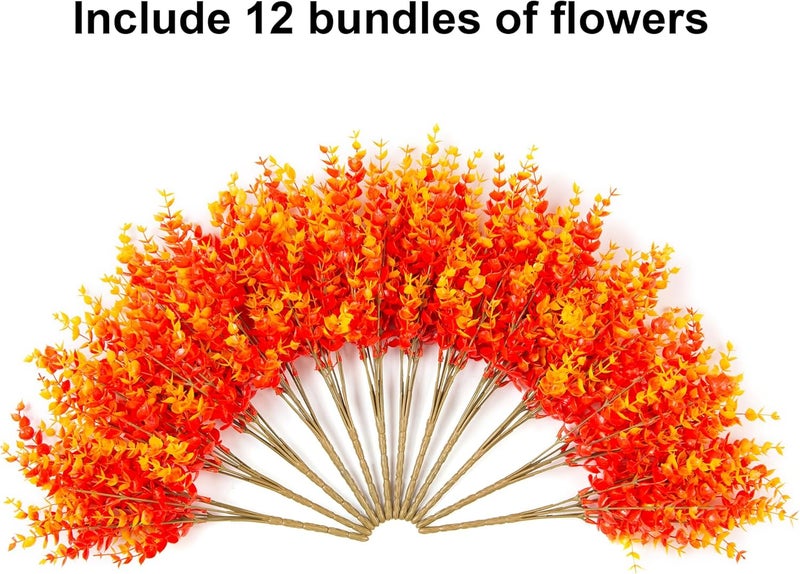 florisso Artificial Fake Fall Autumn Eucalyptus Plants Flowers for Outdoor Outside Decoration, Faux Silk Orange Boxwood Look Real UV Resistant for Home Porch Patio Planter Decor，12 Bundles - Image 4