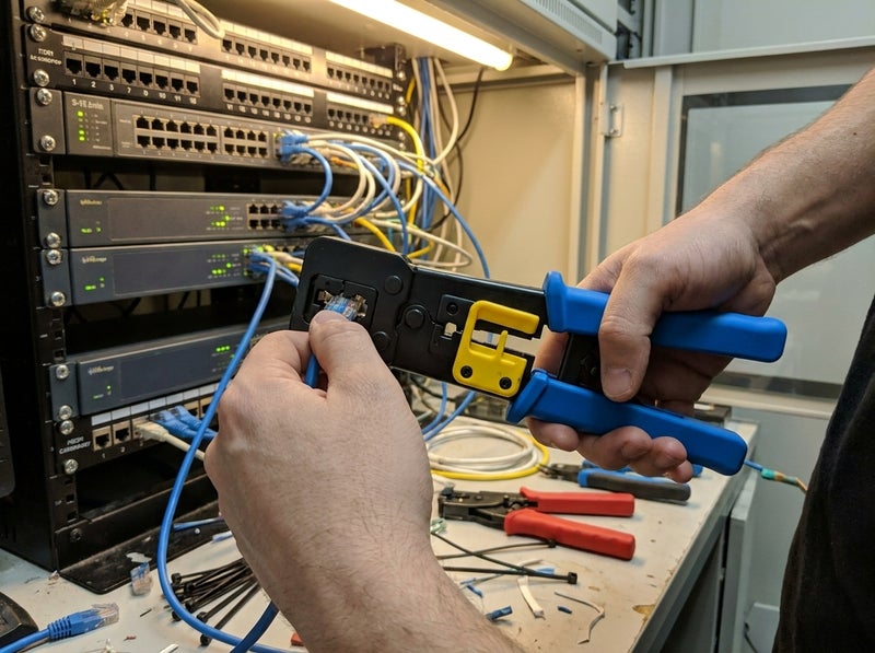 EZ Crimping Tool for Network and Telephone Cables in Black and Blue, Supports Crimping, Cutting, and Stripping, with a Durable Design and Comfortable Grip for Professional Use. - Image 4