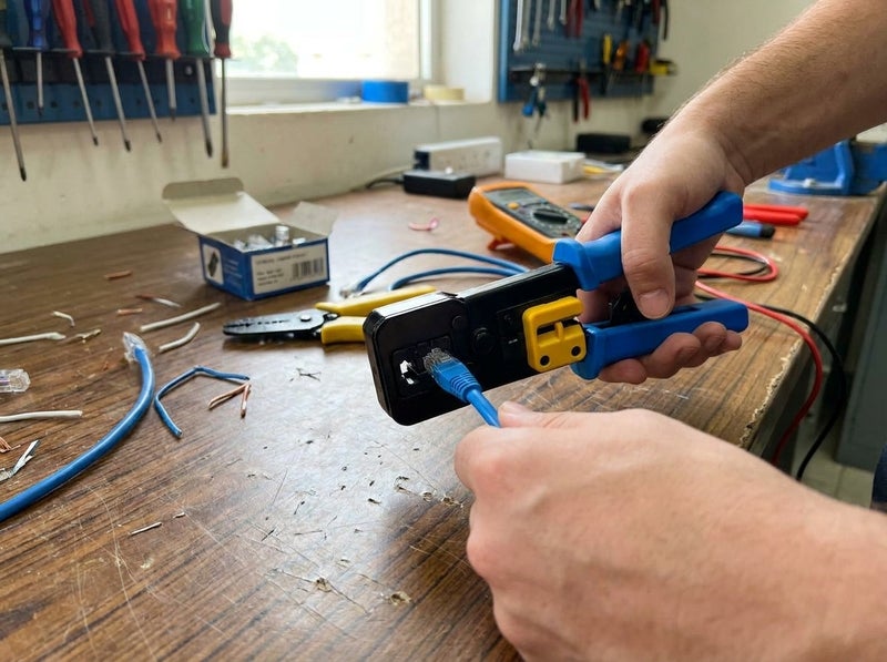 EZ Crimping Tool for Network and Telephone Cables in Black and Blue, Supports Crimping, Cutting, and Stripping, with a Durable Design and Comfortable Grip for Professional Use. - Image 5