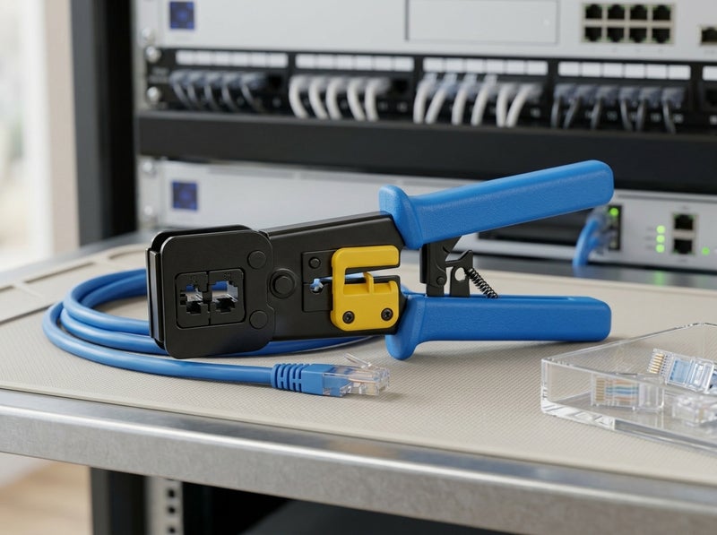EZ Crimping Tool for Network and Telephone Cables in Black and Blue, Supports Crimping, Cutting, and Stripping, with a Durable Design and Comfortable Grip for Professional Use. - Image 3