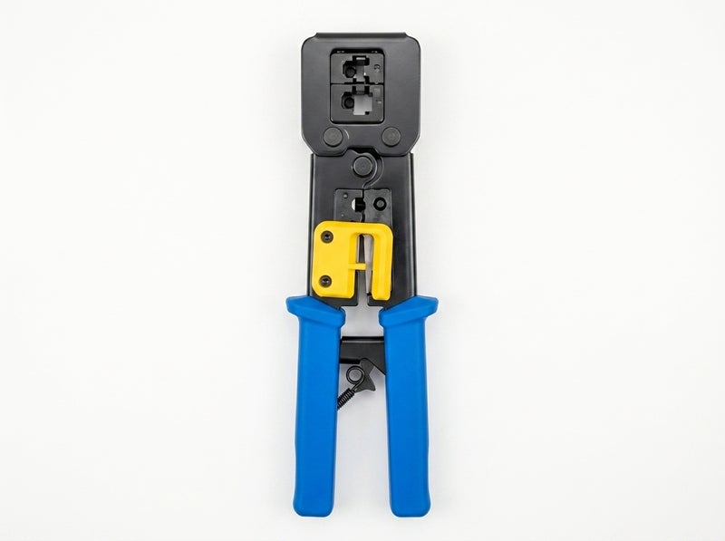 EZ Crimping Tool for Network and Telephone Cables in Black and Blue, Supports Crimping, Cutting, and Stripping, with a Durable Design and Comfortable Grip for Professional Use. - Image 1