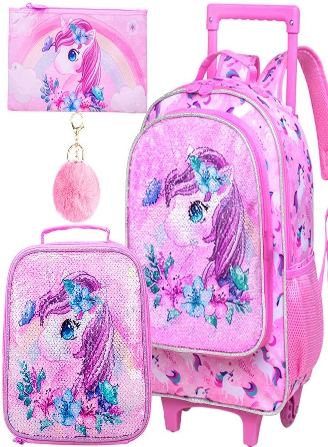 KLFVB Rolling Backpack for Girls, Kids Roller Wheels School Bookbag with Lunch Bag, Wheeled School Bag for Children - Unicorn - Image 1