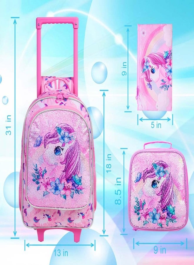 KLFVB Rolling Backpack for Girls, Kids Roller Wheels School Bookbag with Lunch Bag, Wheeled School Bag for Children - Unicorn - Image 4