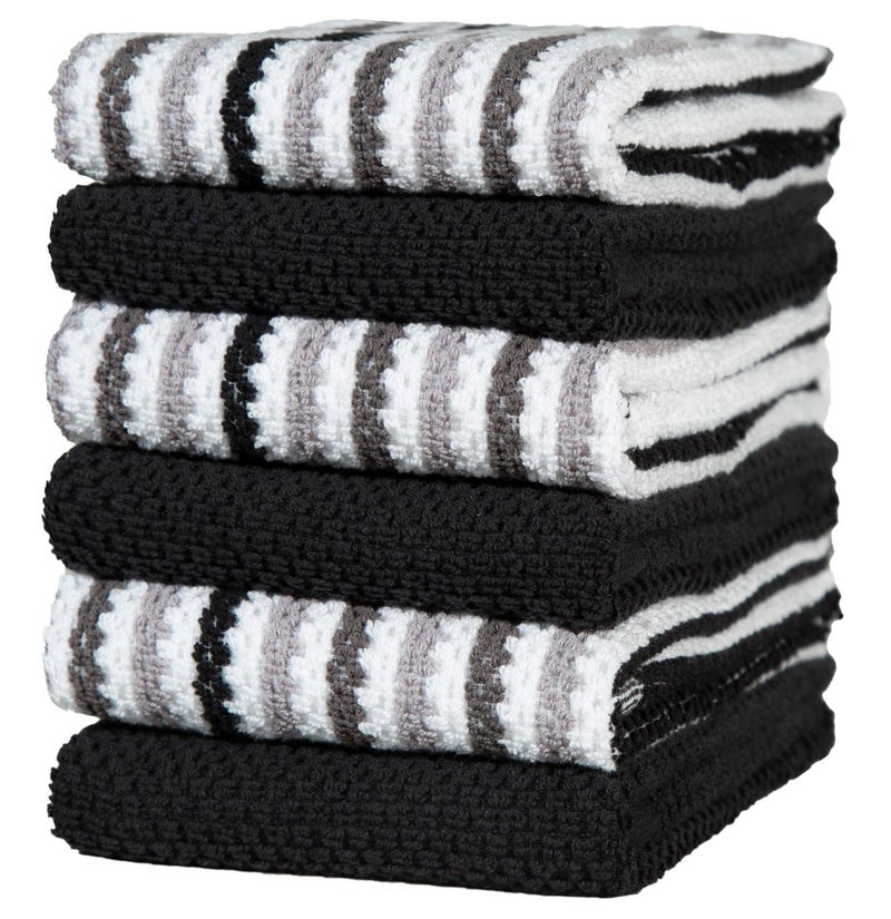 Bumble Towels Premium Kitchen Towels (16â€x 26â€, 6 Pack) | Large Cotton Kitchen Hand Towels | Popcorn Striped Design | Dish Towels | 430 GSM Highly Absorbent Tea Towels Set with Hanging Loop | Black - Image 1